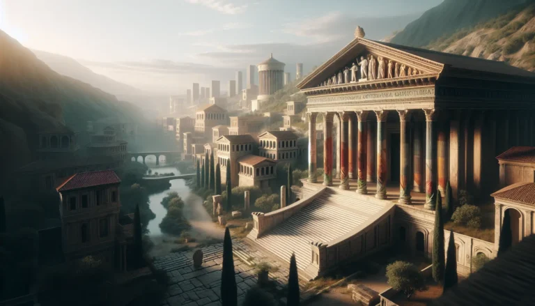 Rappresentazione di Settimio Severo con simboli romani sullo sfondo, che riflettono l'arte e la cultura del suo impero.