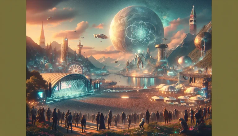 Un'immagine di Tomorrowland con palchi spettacolari e persone che ballano in un'atmosfera festosa.