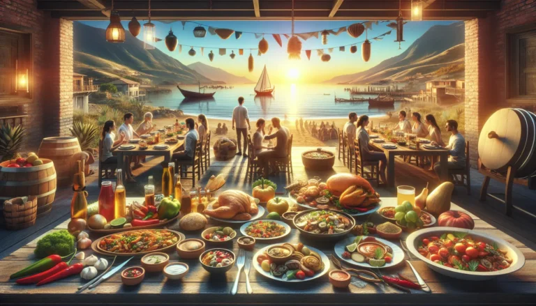 Un tavolo imbandito con piatti tipici di diverse culture, rappresentando la diversità culinaria e le tradizioni gastronomiche del mondo.