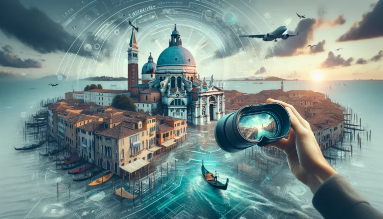 Un giovane viaggiatore utilizza un dispositivo di realtà aumentata per esplorare un sito storico.