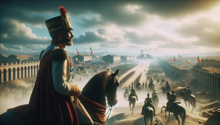 Ritratto di Vittorio Emanuele II, il primo re d'Italia, in uniforme militare con sfondo di bandiere italiane.