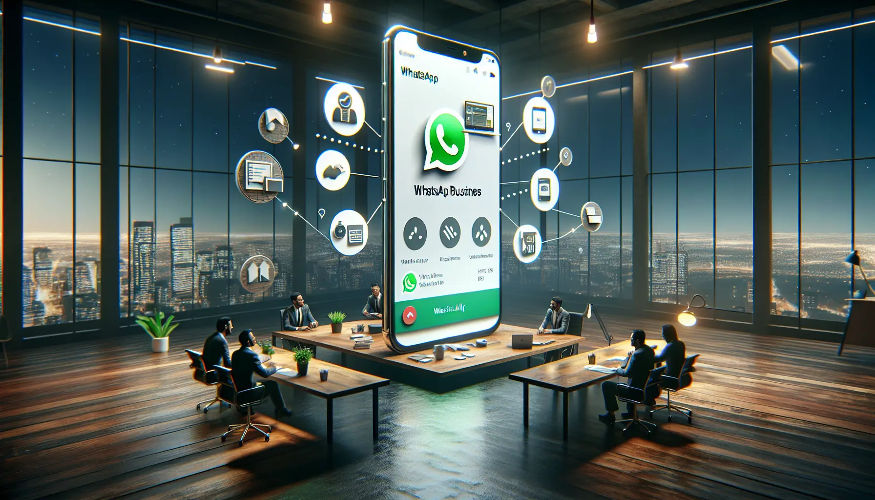Un imprenditore utilizza WhatsApp Business per comunicare con i clienti, mostrando un'interfaccia dell'app con messaggi e etichette organizzate.