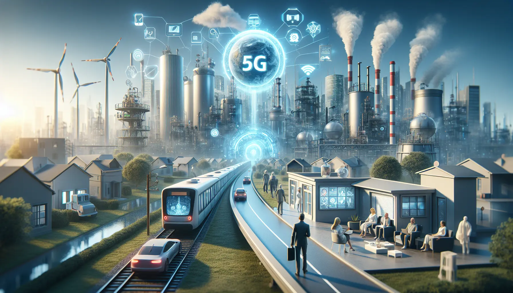 Rappresentazione visiva del 5G e dell'Internet delle Cose con dispositivi connessi e innovazioni tecnologiche.