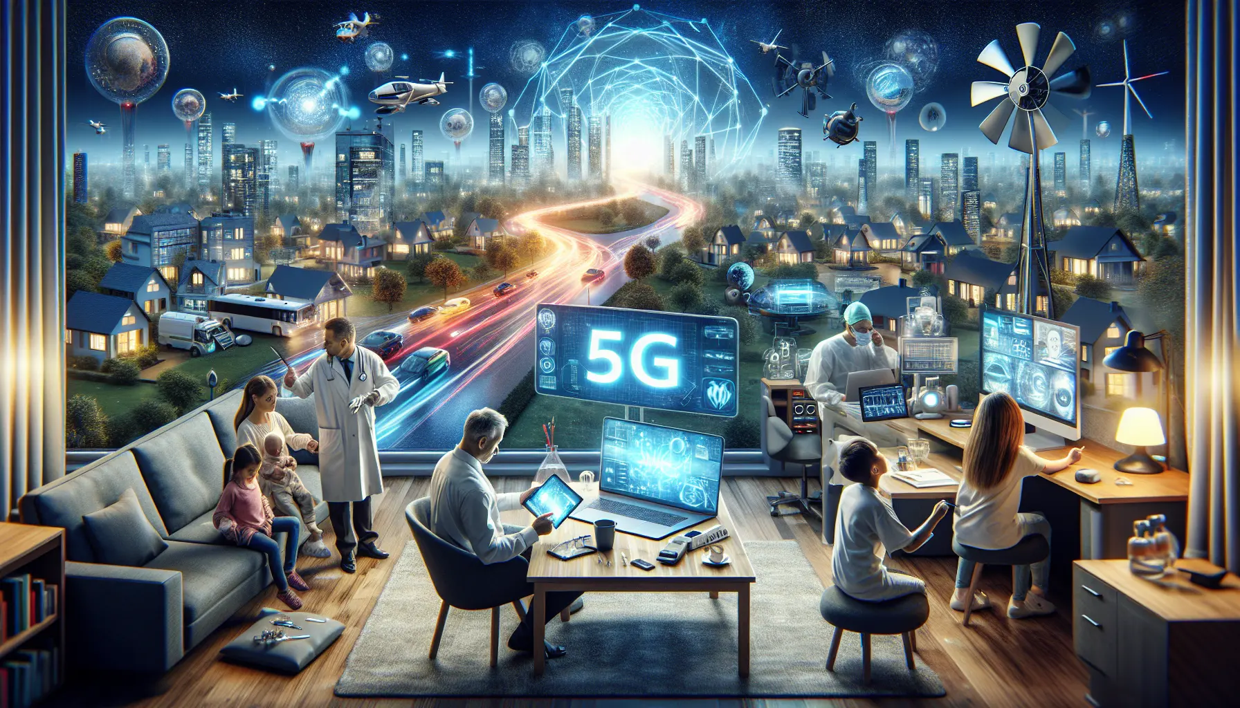 Illustrazione che rappresenta la connessione 5G e le sue applicazioni nella vita quotidiana