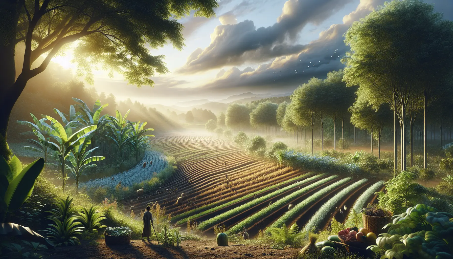 Un campo agricolo rigenerativo con diverse colture e animali che convivono in armonia.