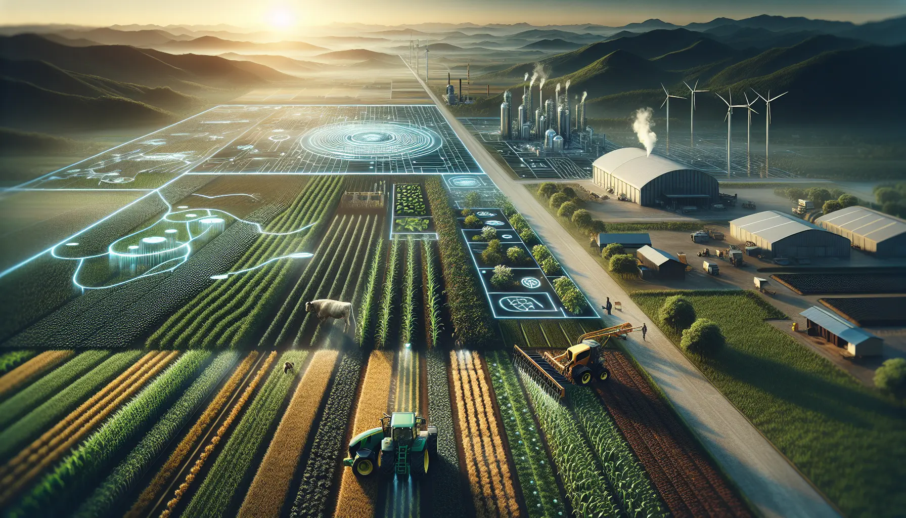 Un campo agricolo rigenerativo con diverse colture e animali che convivono in armonia.