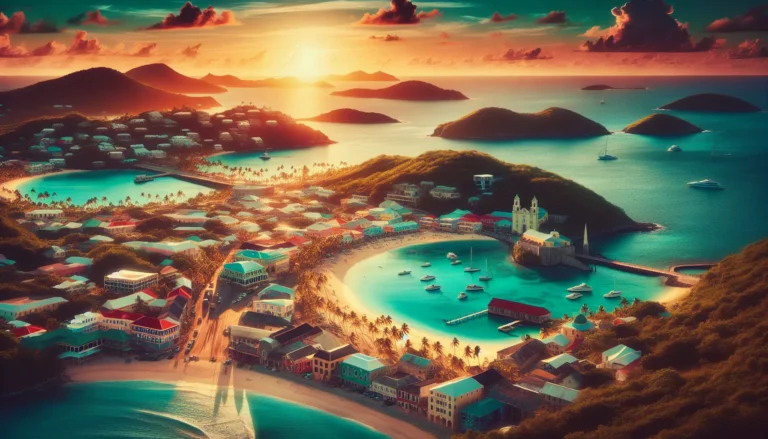 Spiaggia di Antigua con acque turchesi e sabbia bianca, circondata da palme e un cielo sereno.