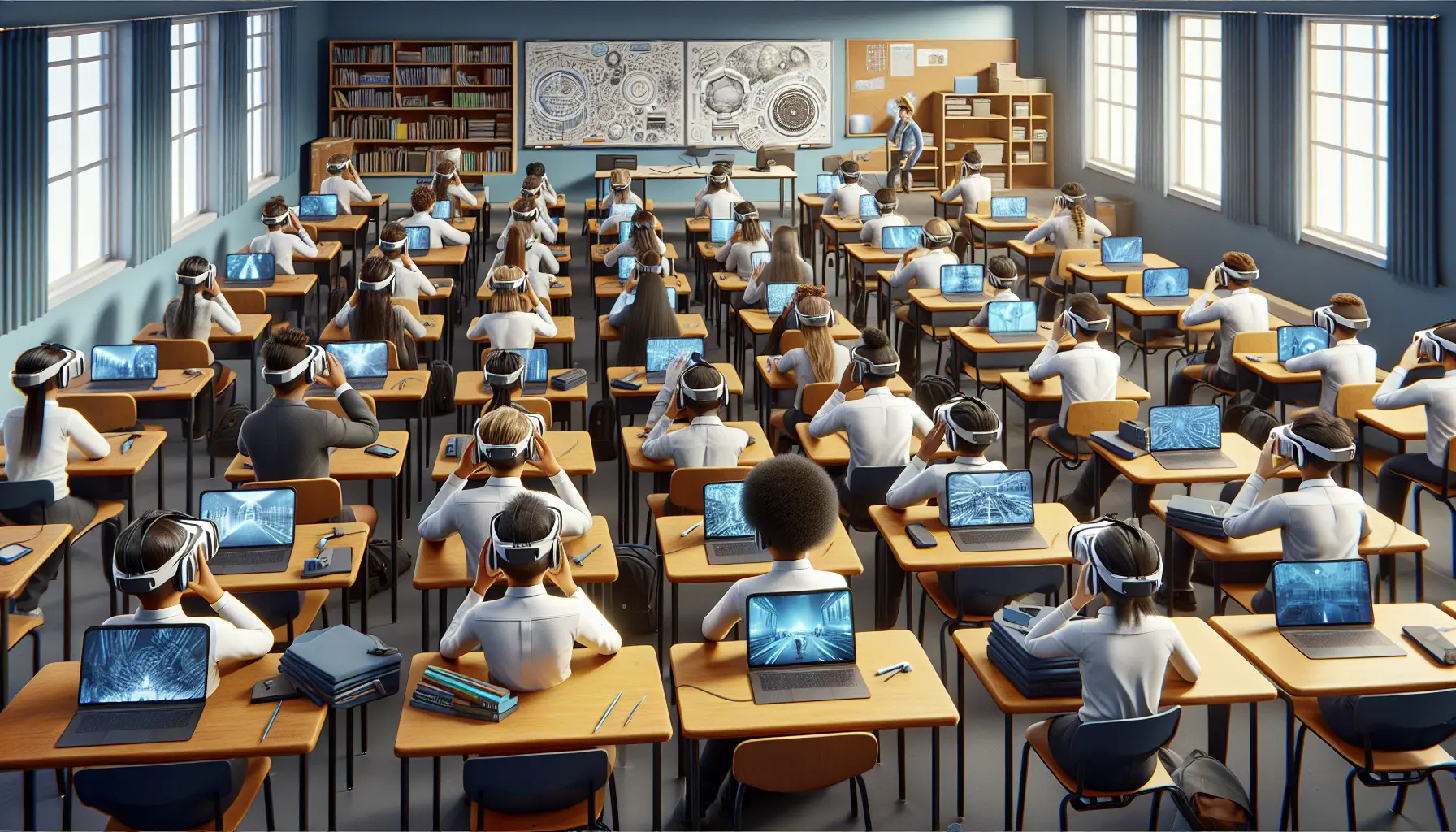 Studenti utilizzano visori di realtà virtuale per esplorare ambienti educativi immersivi.