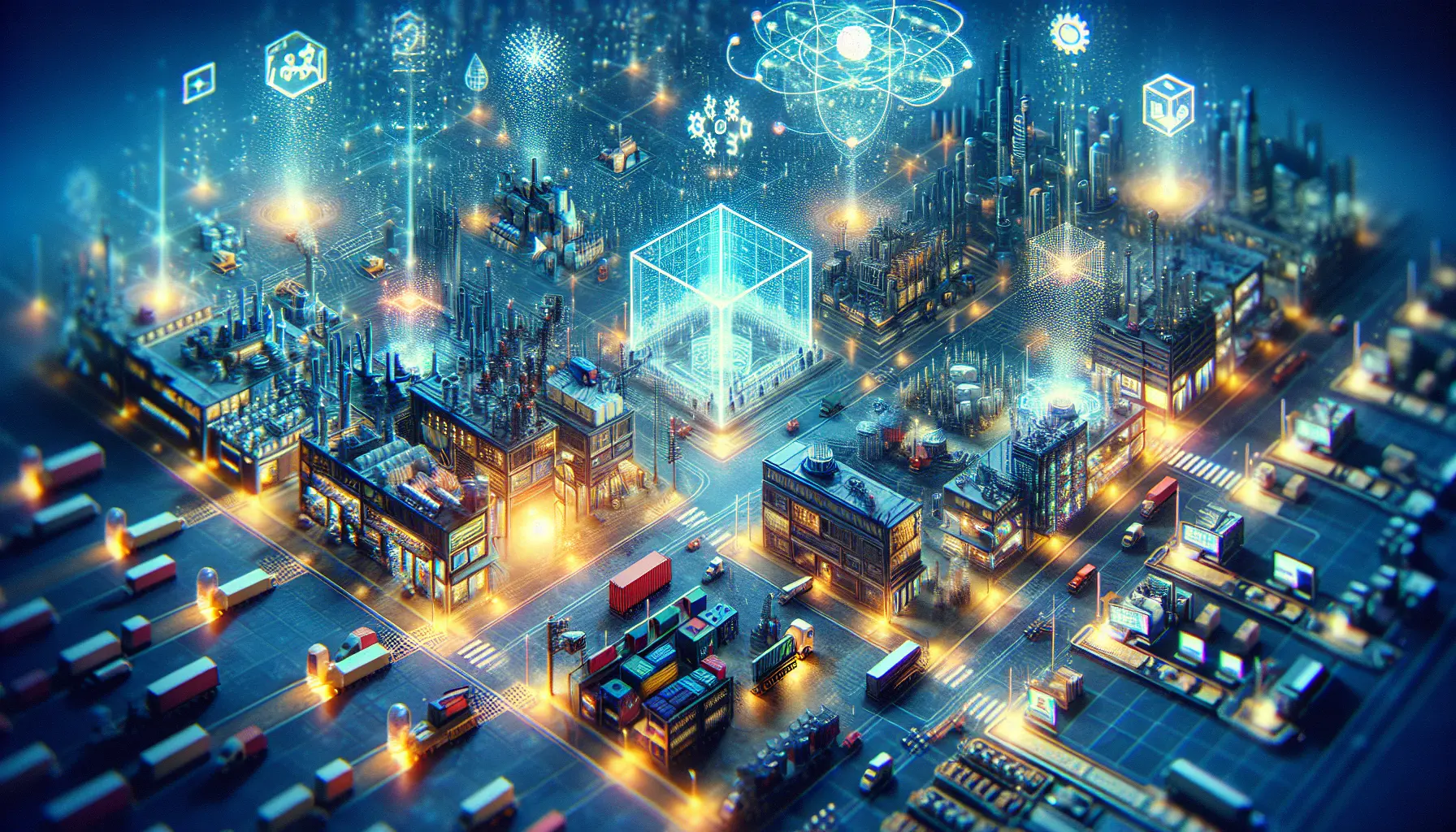 Rappresentazione della tecnologia blockchain in contesti diversi come supply chain e sanità.