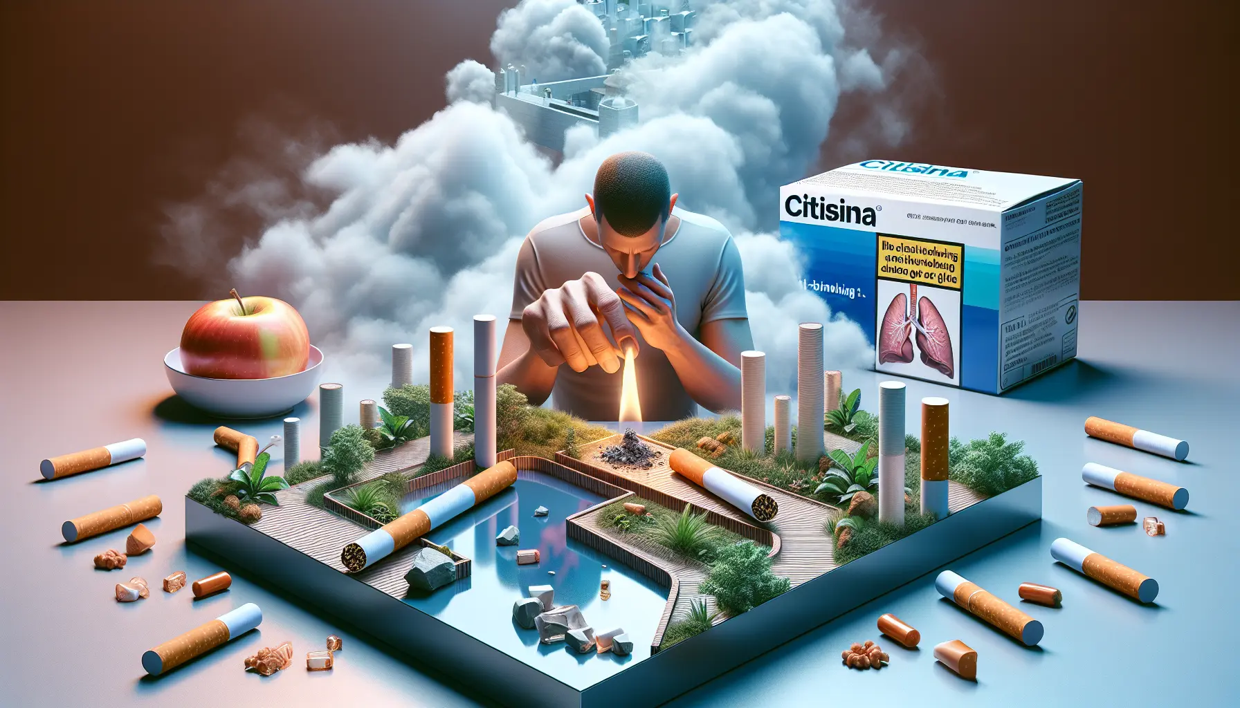 Immagine rappresentativa della citisina come trattamento per la cessazione del fumo, con pillole e sigarette in contrasto.