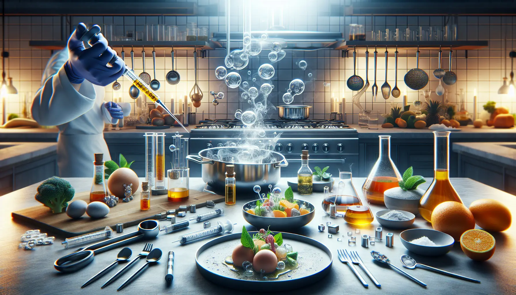 Un piatto di cucina molecolare con sferificazioni e schiume colorate