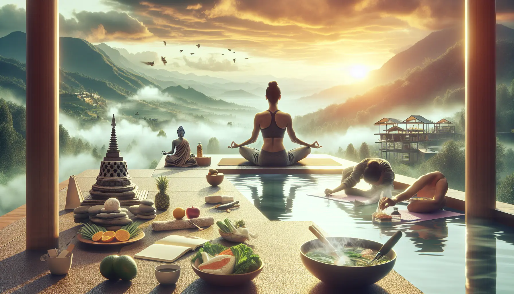 Una persona che pratica yoga al tramonto in un ambiente naturale, simbolo di benessere e equilibrio