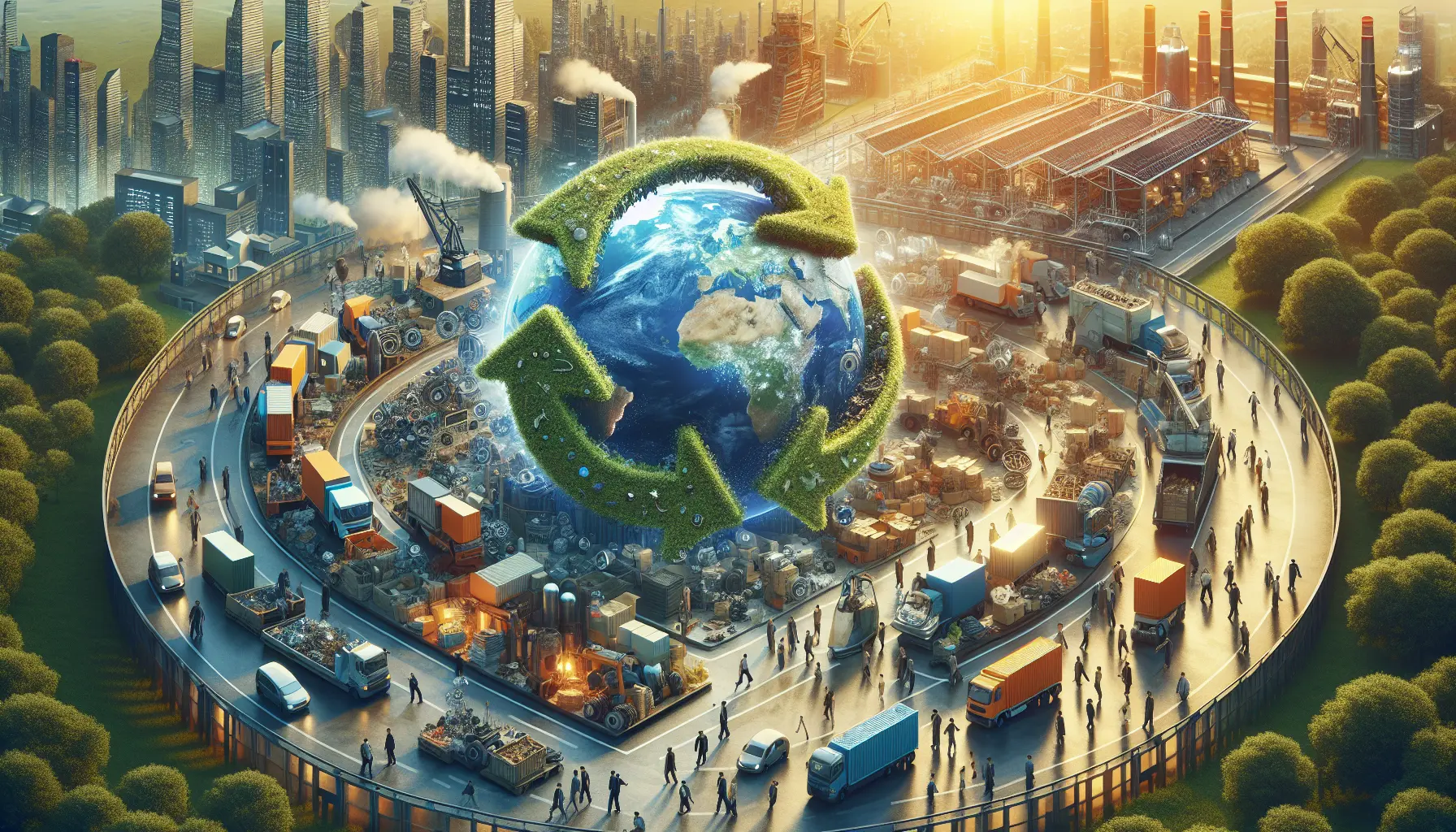 Immagine che rappresenta il concetto di economia circolare con elementi di riciclo e sostenibilità.