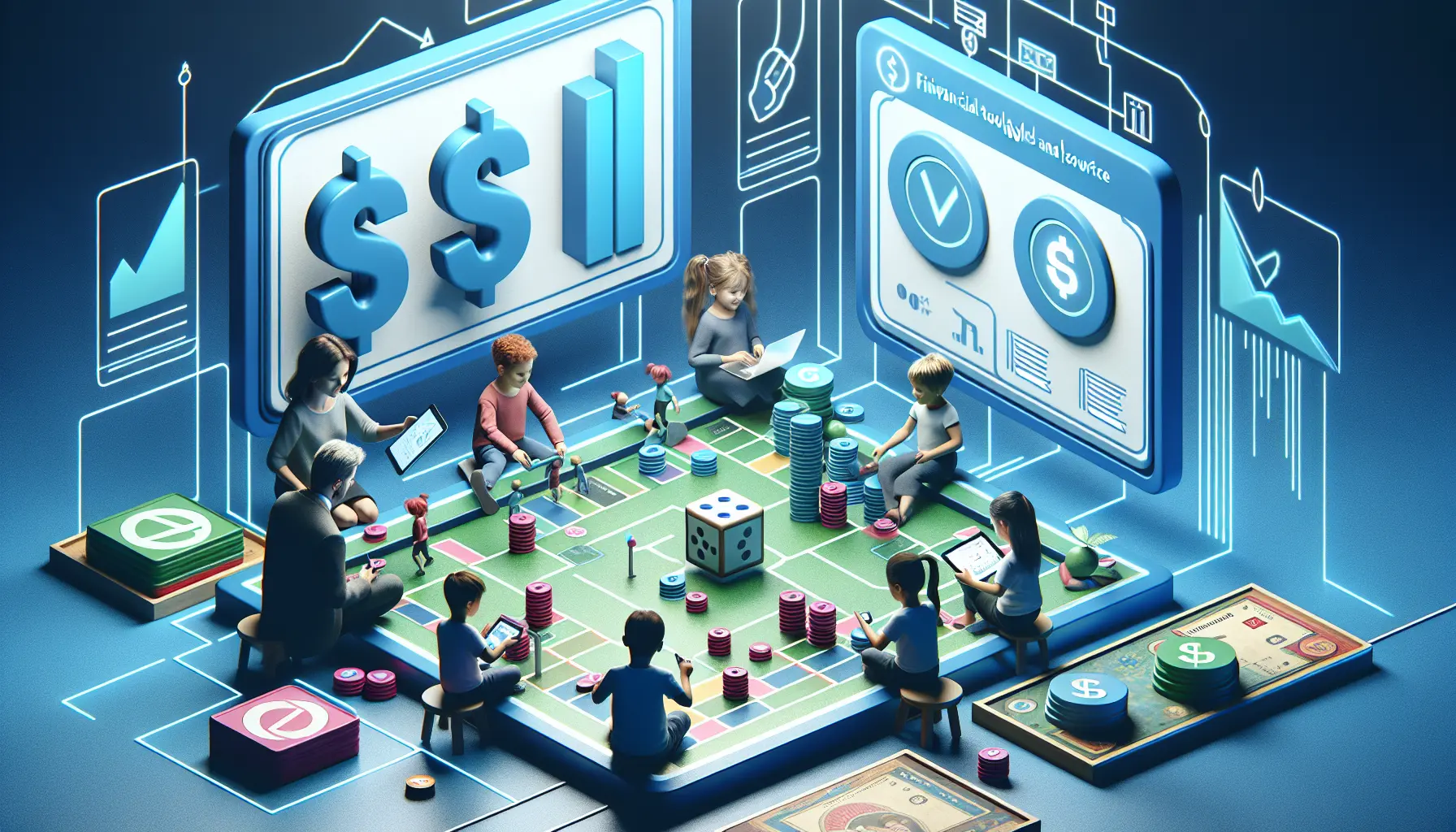 Bambini che giocano con un gioco da tavolo educativo sull'educazione finanziaria
