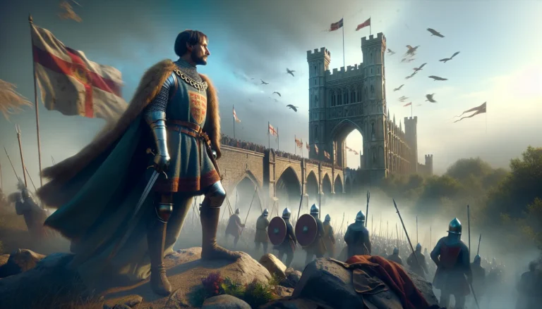 Rappresentazione artistica di Enrico V d'Inghilterra in armatura, mentre guida le sue truppe in battaglia.