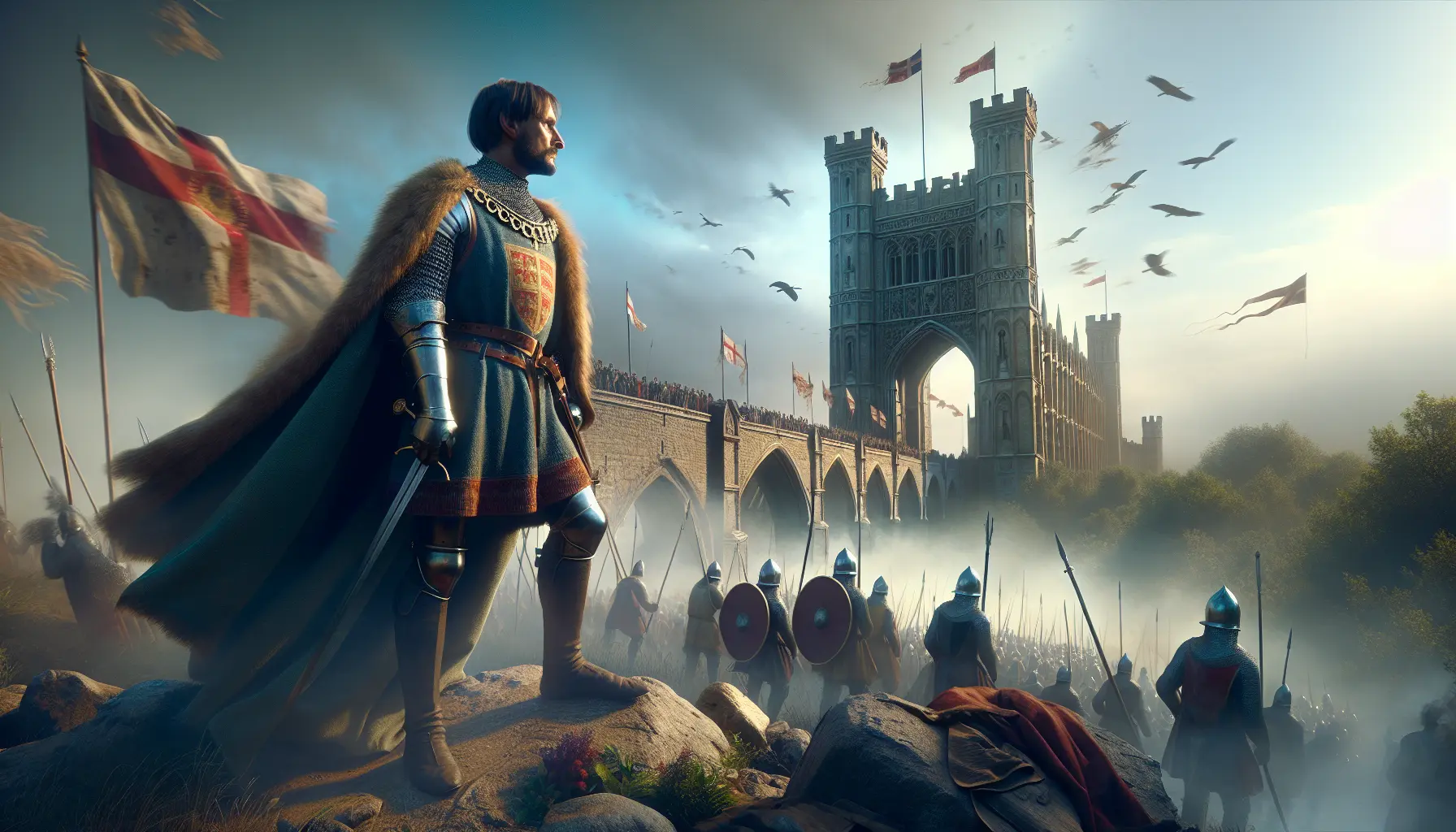 Rappresentazione artistica di Enrico V d'Inghilterra in armatura, mentre guida le sue truppe in battaglia.