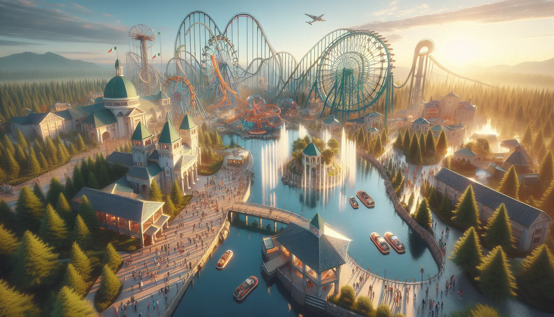 Vista panoramica di Gardaland con attrazioni e visitatori felici