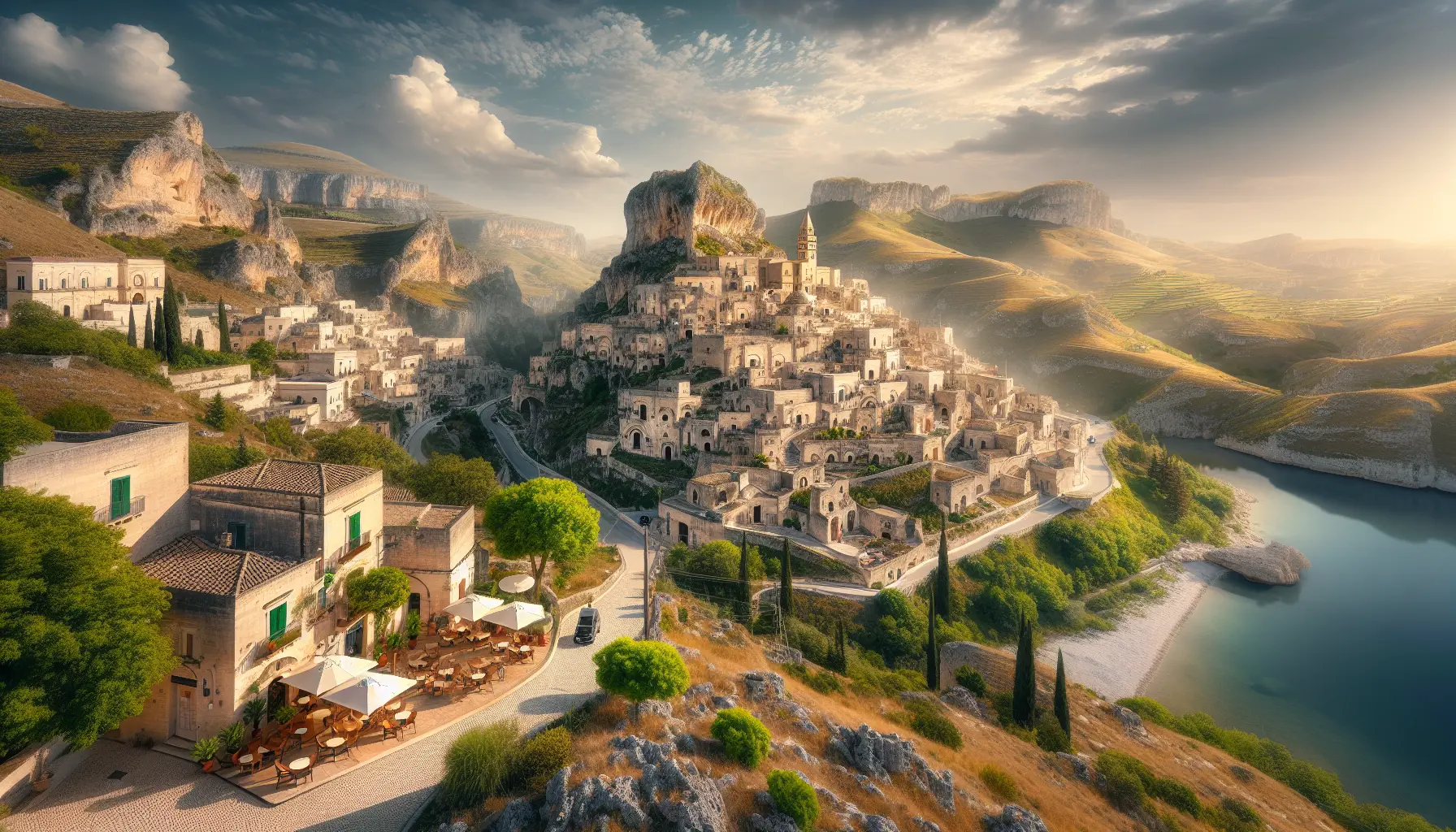 Un panorama dei Sassi di Matera, con le sue antiche abitazioni scavate nella roccia e il cielo al tramonto.