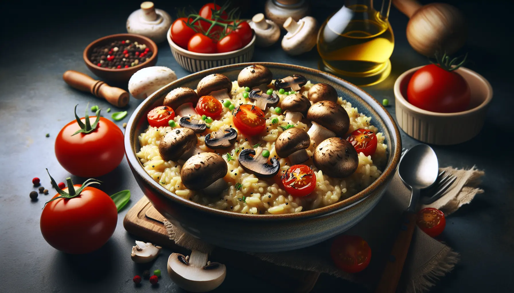 Un piatto di risotto ai funghi e pomodori, ricco di sapori umami, servito in una ciotola bianca con decorazioni verdi.