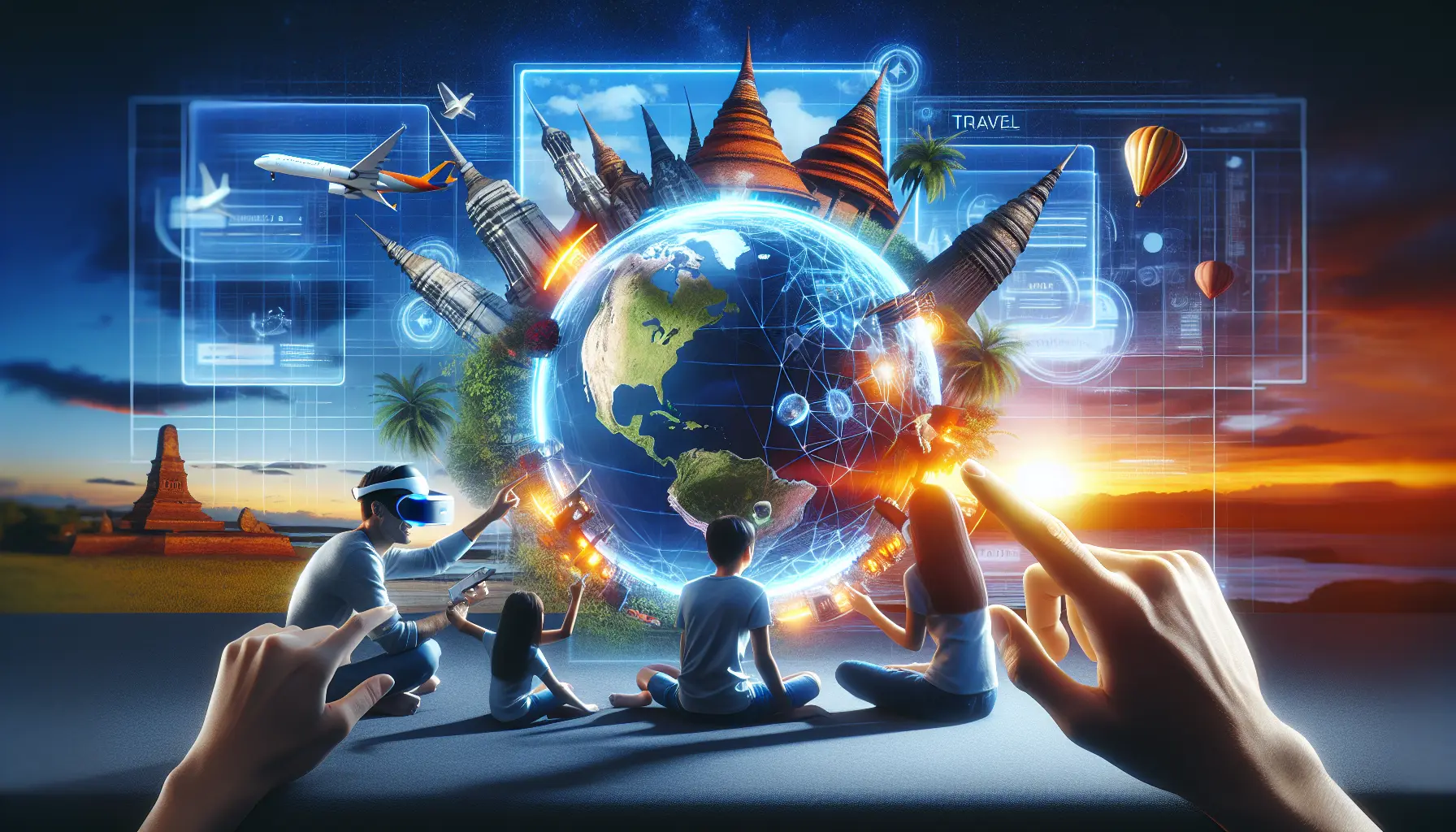 Un'immagine che rappresenta un viaggio virtuale attraverso la realtà aumentata, con famiglie che esplorano luoghi famosi come Machu Picchu e Stonehenge.
