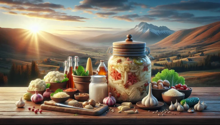 Barattoli di crauti fermentati e kefir di latte su un tavolo di legno, simbolo della fermentazione casalinga.