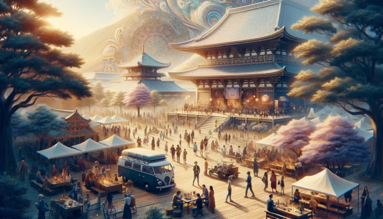 Un gruppo di persone che partecipano a un festival culturale, con artisti che si esibiscono e stand gastronomici.