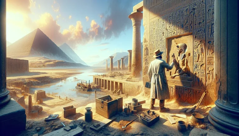 Ritratto di Giovanni Battista Belzoni, un pioniere dell'archeologia italiana, con sfondo di antiche rovine egizie.