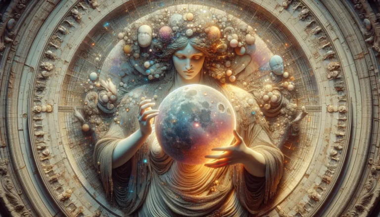 Rappresentazione artistica di Giunone, dea madre della mitologia romana, con simboli di fertilità e luna.