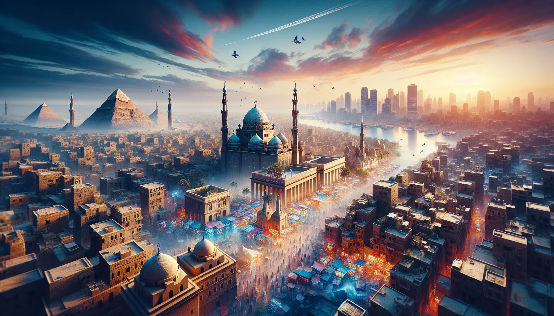 Vista panoramica delle piramidi di Giza con il Cairo sullo sfondo, rappresentando la fusione tra storia antica e vita moderna.