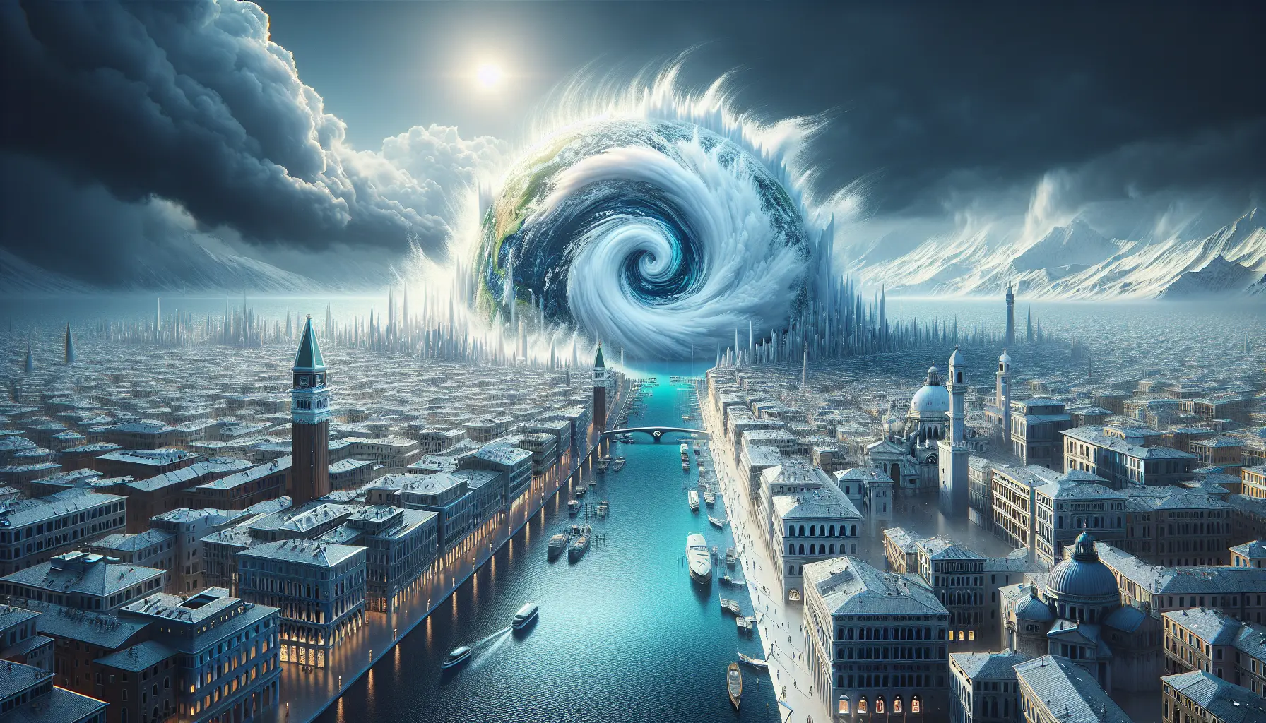 Rappresentazione visiva di un ciclone artico che si dirige verso l'Italia, mostrando nuvole e tempeste sopra la penisola.