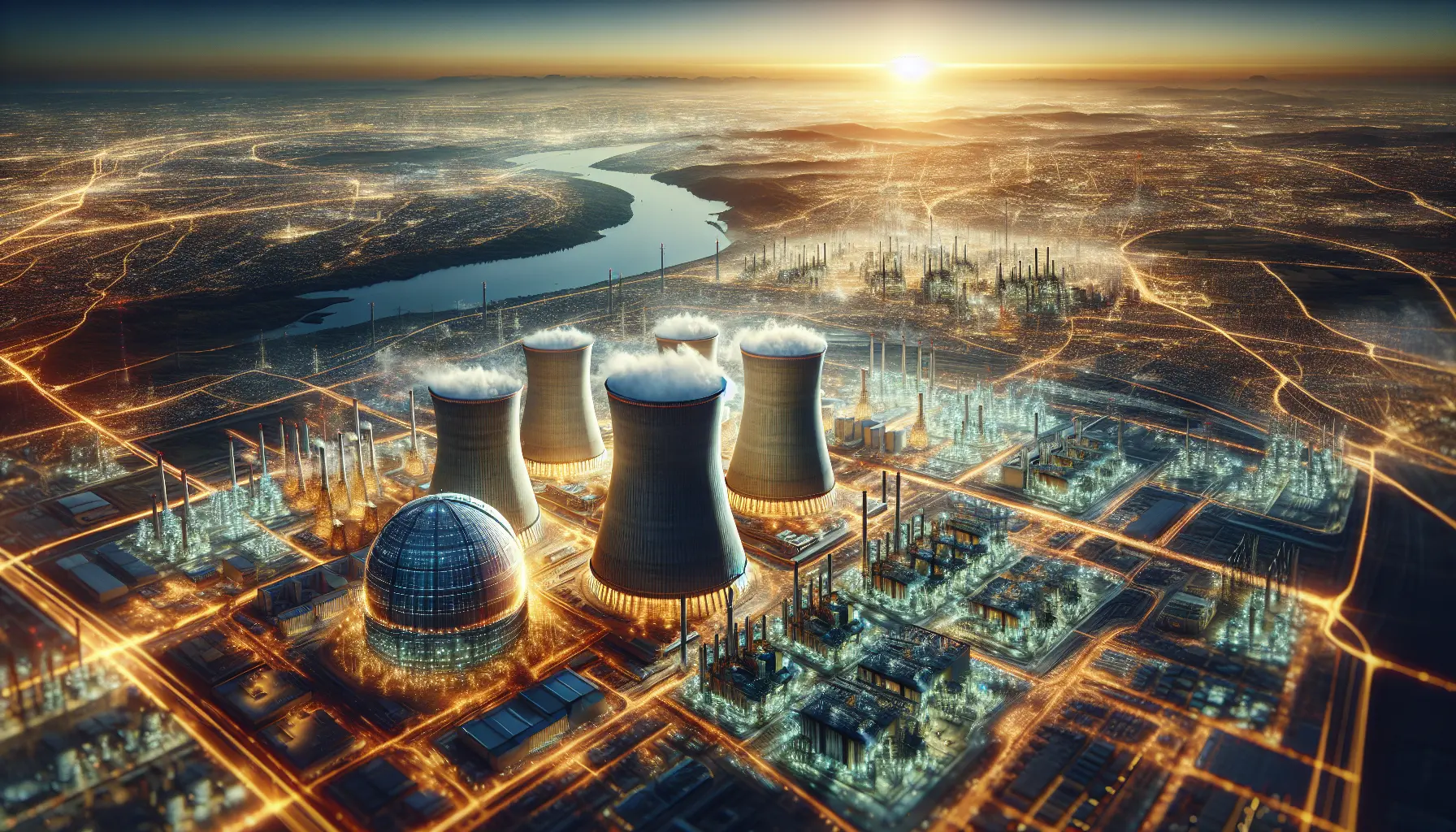 Immagine di una centrale nucleare con reattore e torri di raffreddamento, simbolo di energia sostenibile e innovazione tecnologica.
