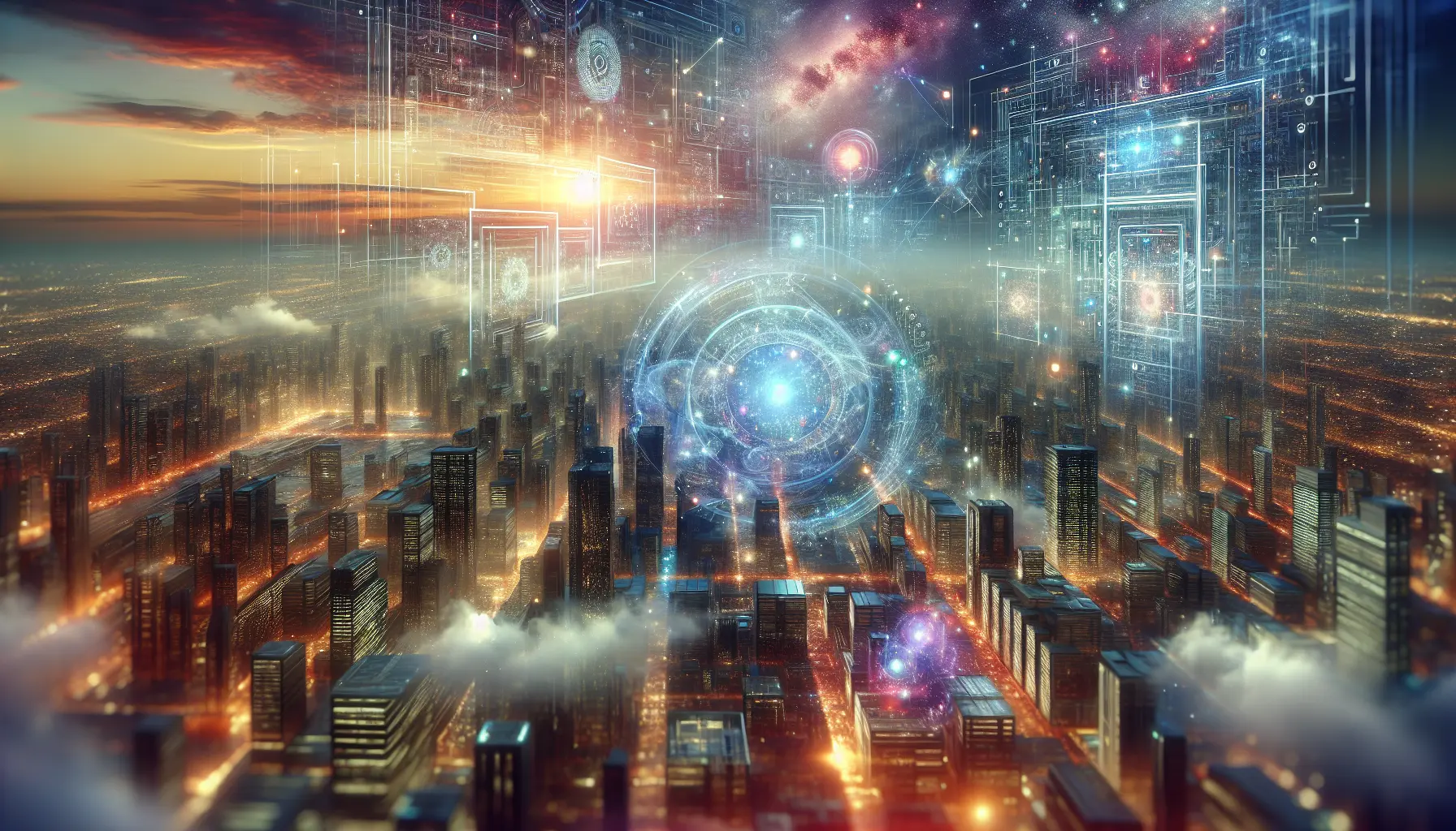 Rappresentazione grafica di un computer quantistico con qubit interconnessi in uno spazio astratto