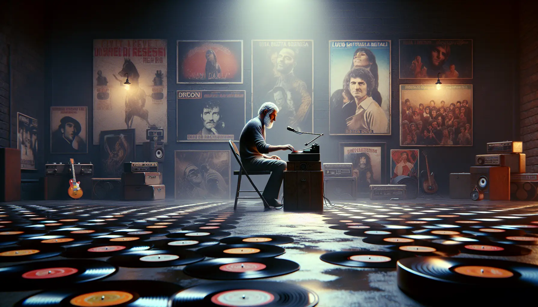 Vinile e giradischi con copertine di dischi iconici della musica italiana.