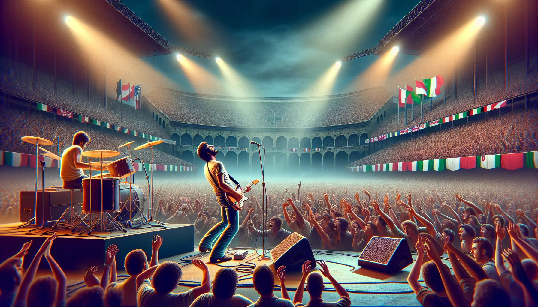 Max Pezzali sul palco durante un concerto, circondato da fan entusiasti che cantano le sue canzoni.