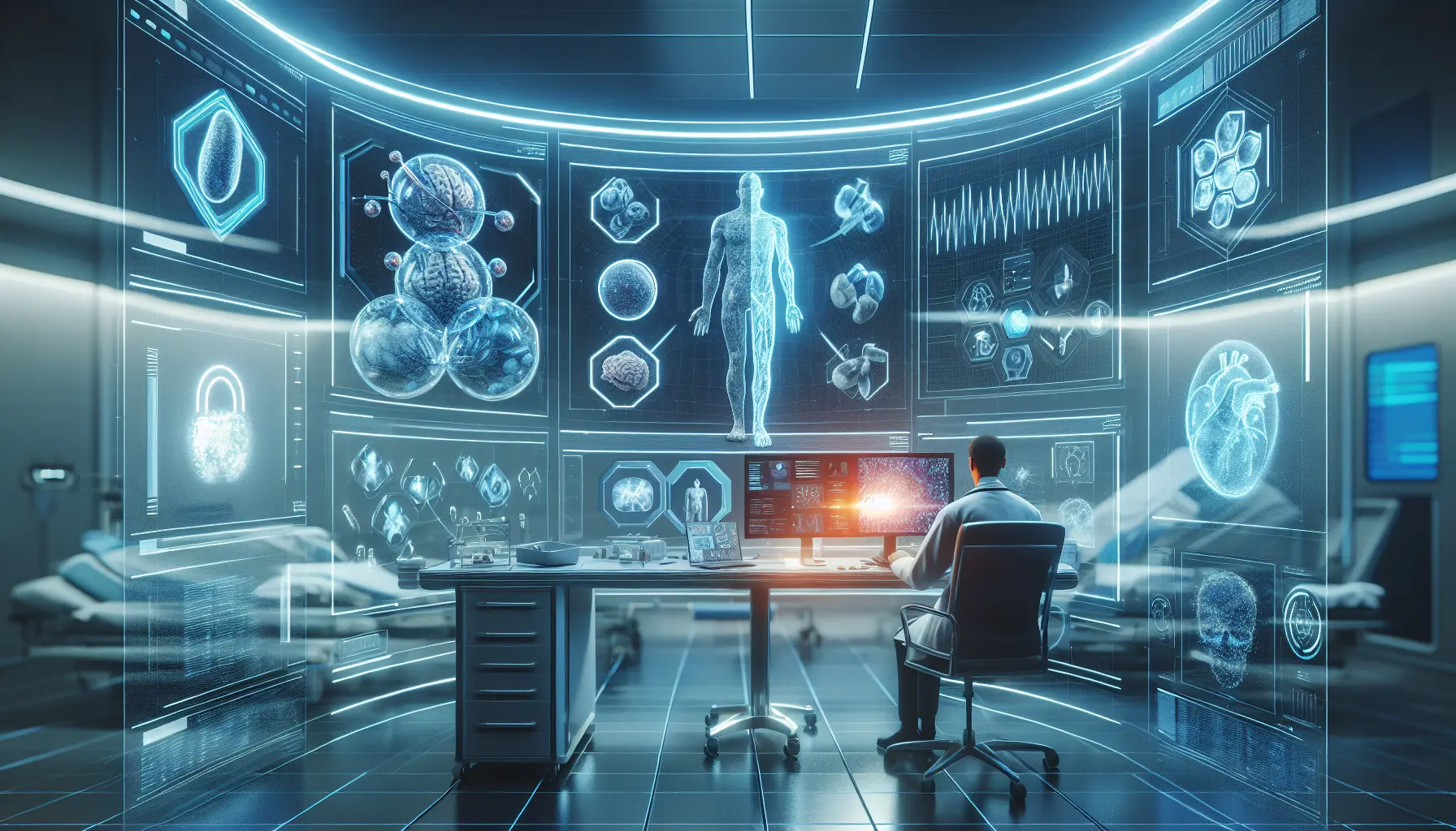 Un medico che utilizza un computer per analizzare dati medici, simboleggiando l'integrazione dell'intelligenza artificiale nella medicina personalizzata.