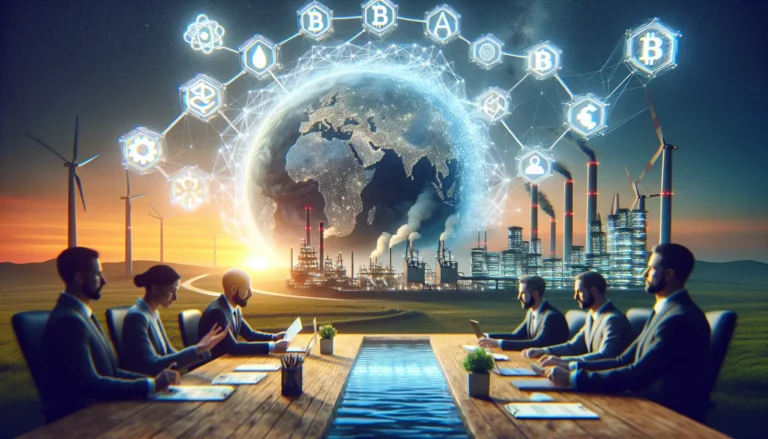 Rappresentazione grafica della blockchain applicata alla sostenibilità ambientale, con simboli di energia pulita e tracciabilità.