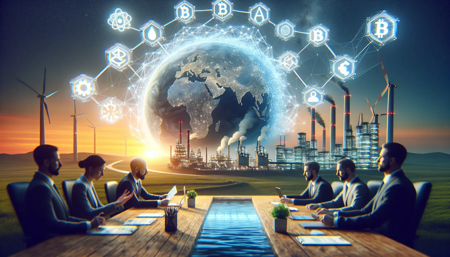 Rappresentazione grafica della blockchain applicata alla sostenibilità ambientale, con simboli di energia pulita e tracciabilità.
