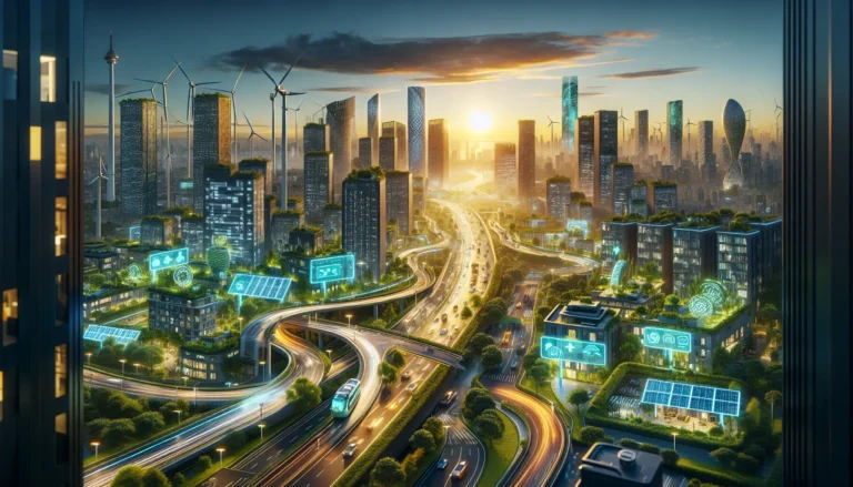 Una vista panoramica di una città intelligente con edifici moderni e spazi verdi integrati.