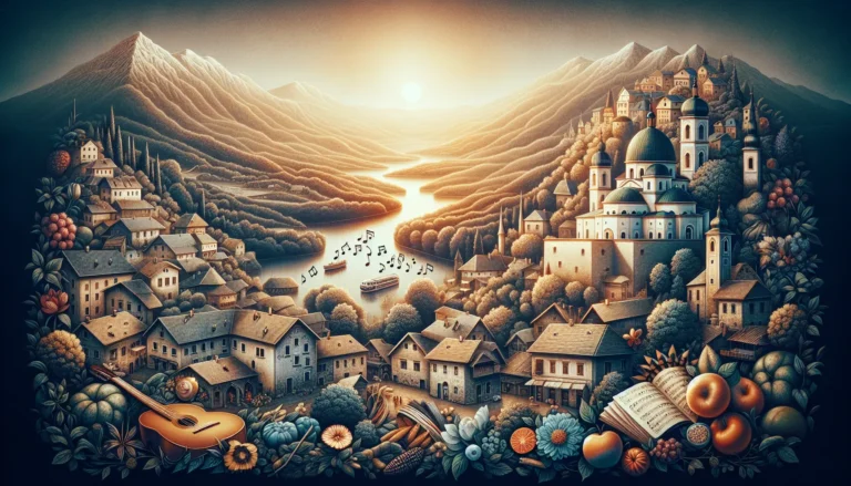 Un paesaggio dei Balcani con montagne e laghi, simbolo della bellezza della Repubblica Federale di Jugoslavia.