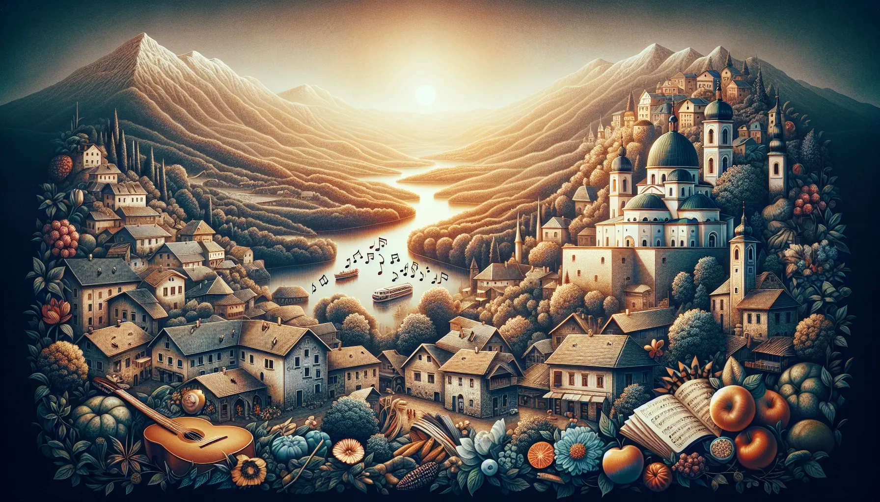 Un paesaggio dei Balcani con montagne e laghi, simbolo della bellezza della Repubblica Federale di Jugoslavia.