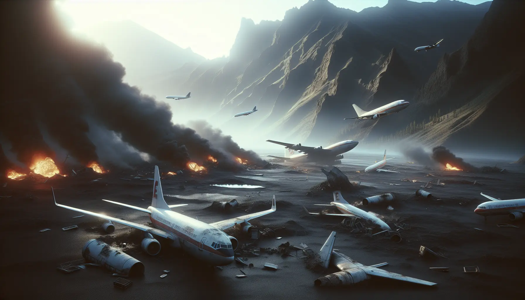 Un'immagine che rappresenta il disastro aereo di Tenerife, mostrando un aereo in volo sopra un paesaggio delle Isole Canarie.