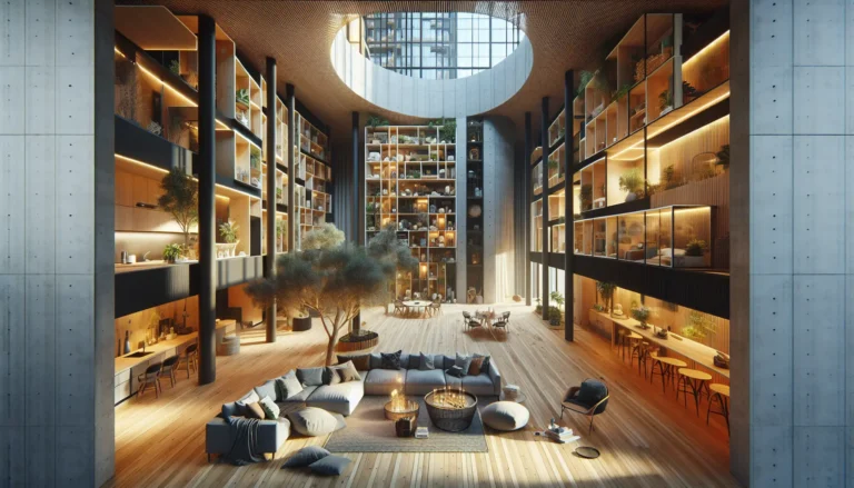 Spazi di co-living moderni che rappresentano comunità interattive e collaborative.