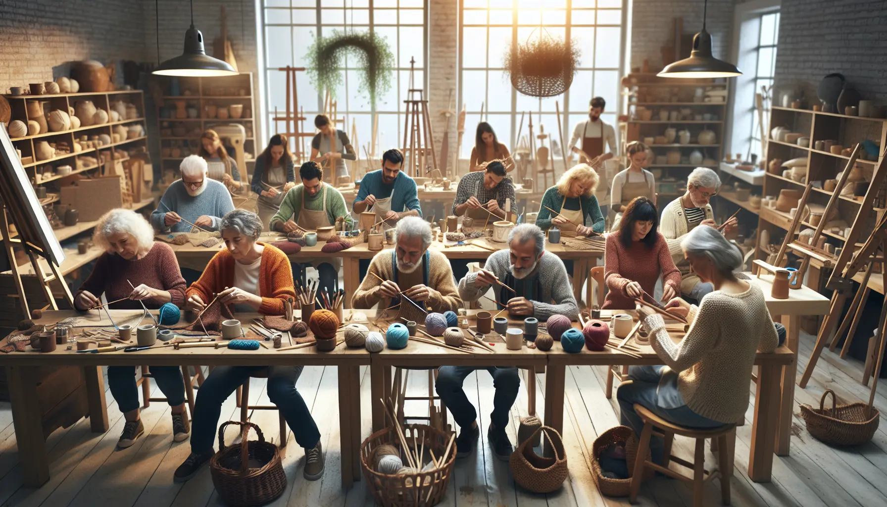 Persone che lavorano a progetti di fai-da-te, mostrando creatività e abilità manuali.