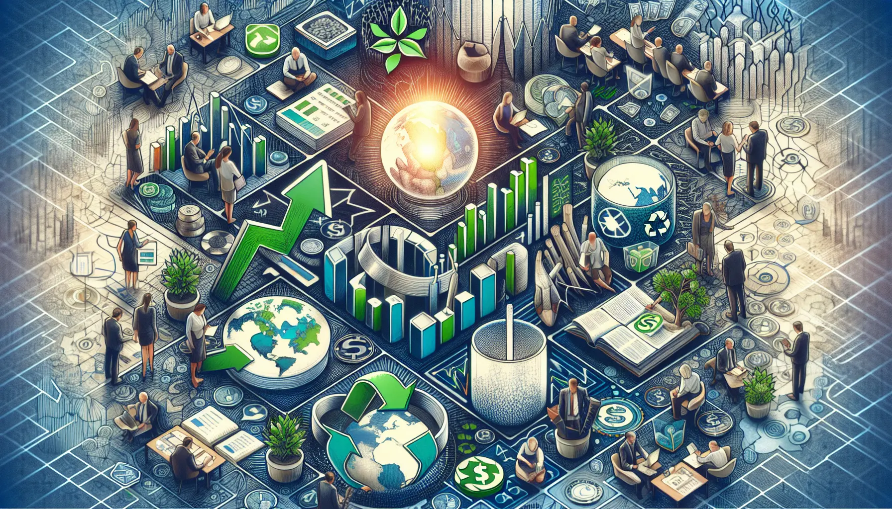 Un grafico che mostra la crescita degli investimenti sostenibili nel tempo, con simboli di energia rinnovabile e responsabilità sociale.