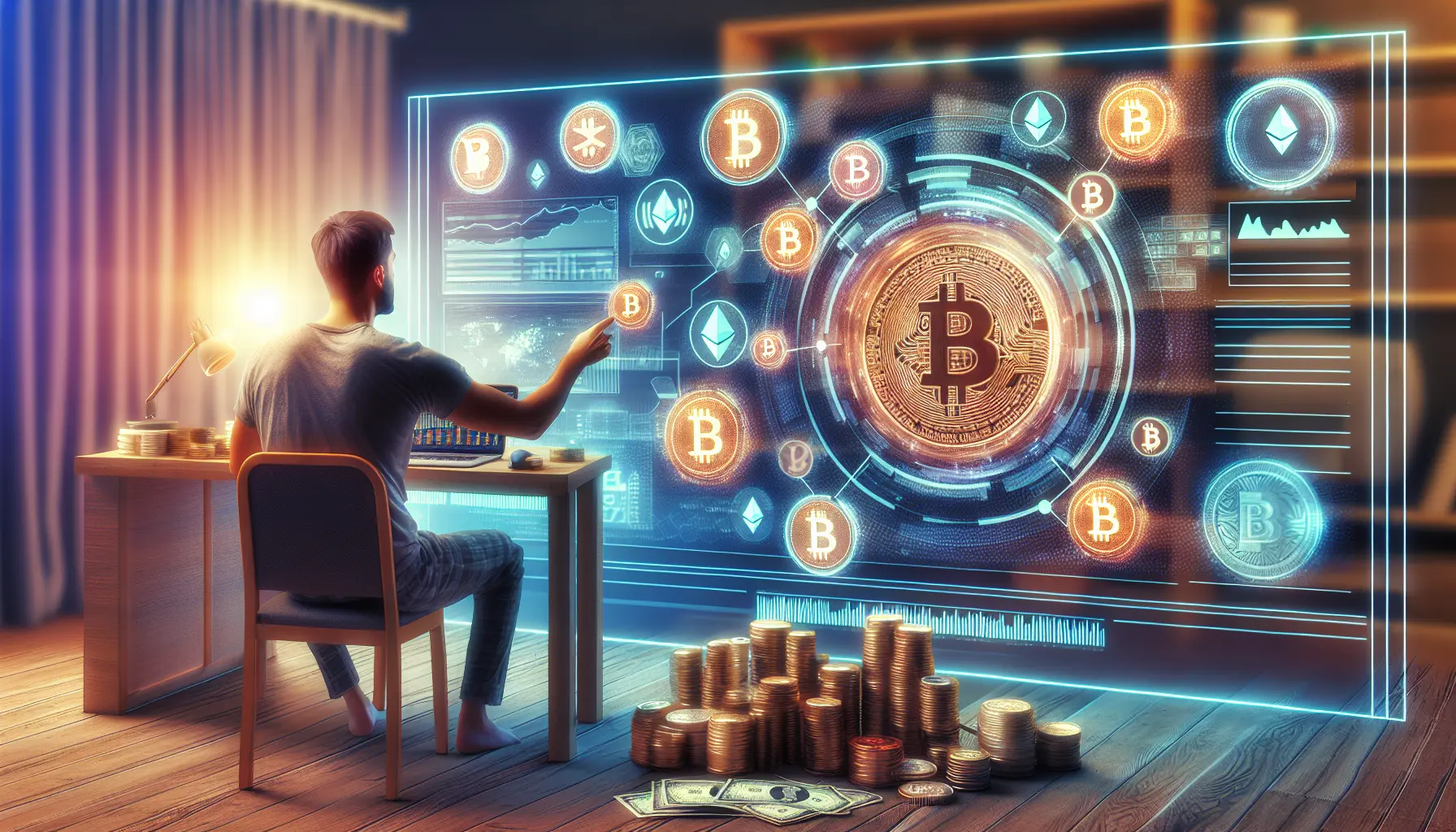 Grafico di crescita delle criptovalute con simboli di Bitcoin ed Ethereum