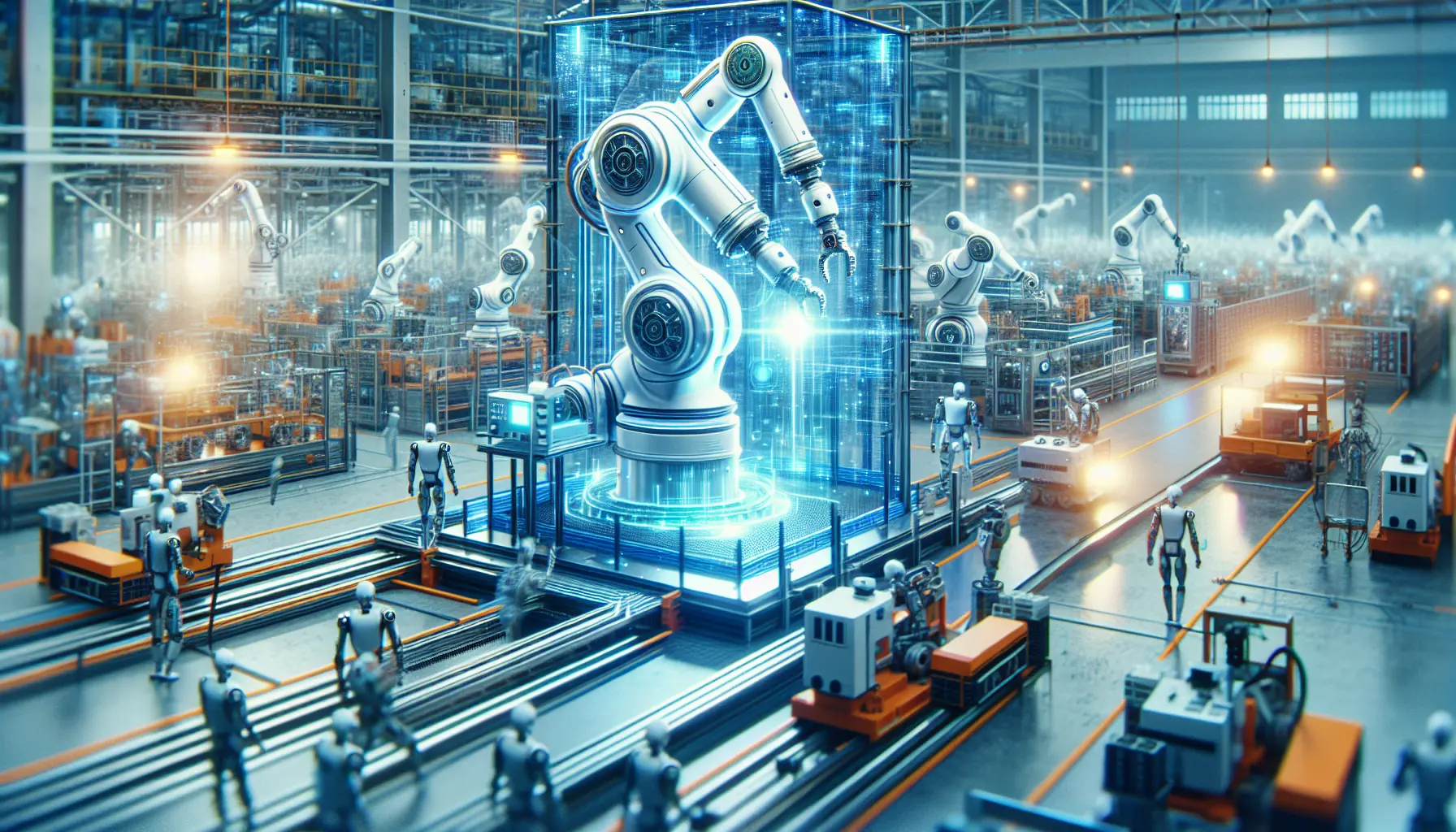 Un robot collaborativo in un ambiente di lavoro industriale, interagendo con un operatore umano.