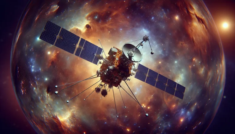 Immagine di una sonda spaziale in orbita attorno a un pianeta, rappresentando l'esplorazione dell'universo.