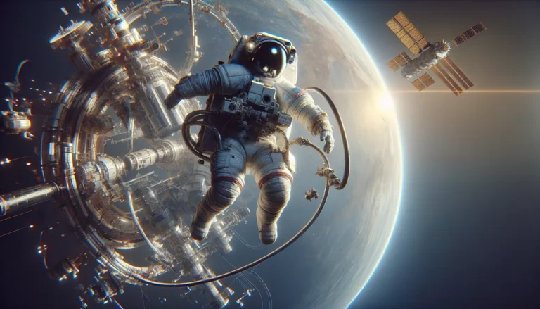 Astronauta in tuta spaziale che fluttua nello spazio con la Terra sullo sfondo.