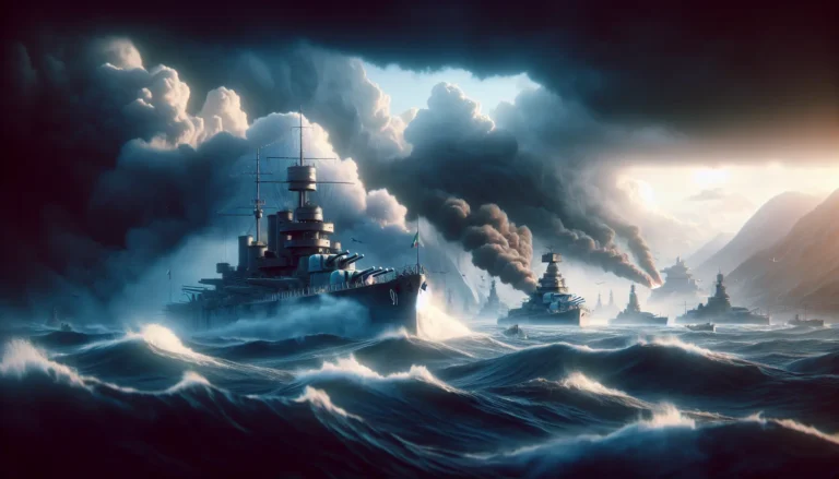 Un'immagine storica della Battaglia di Capo Matapan, che mostra navi da guerra in combattimento nel Mediterraneo.