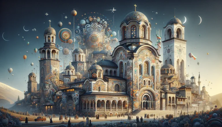 Vista panoramica della campagna bulgara con antichi monasteri e tradizionali feste popolari in corso.